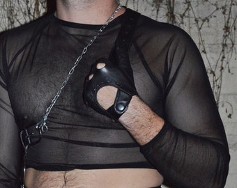 Sheer crop RAGLAN long sleeve masc wear top. See thru sexy mesh. Fetish, club wear, rave, Y2K. Made to order. Choose your colour