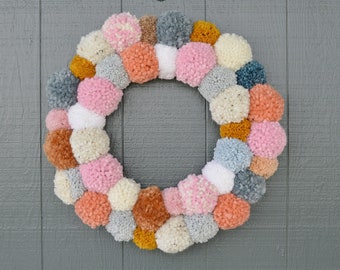 Multicolor pom pom wreath, holiday pom pom wreath, colored pom pom wreath, pom pom wreath