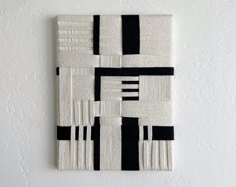 Black & Beige Woven Canvas Wall Art - Handmade Textile Art
