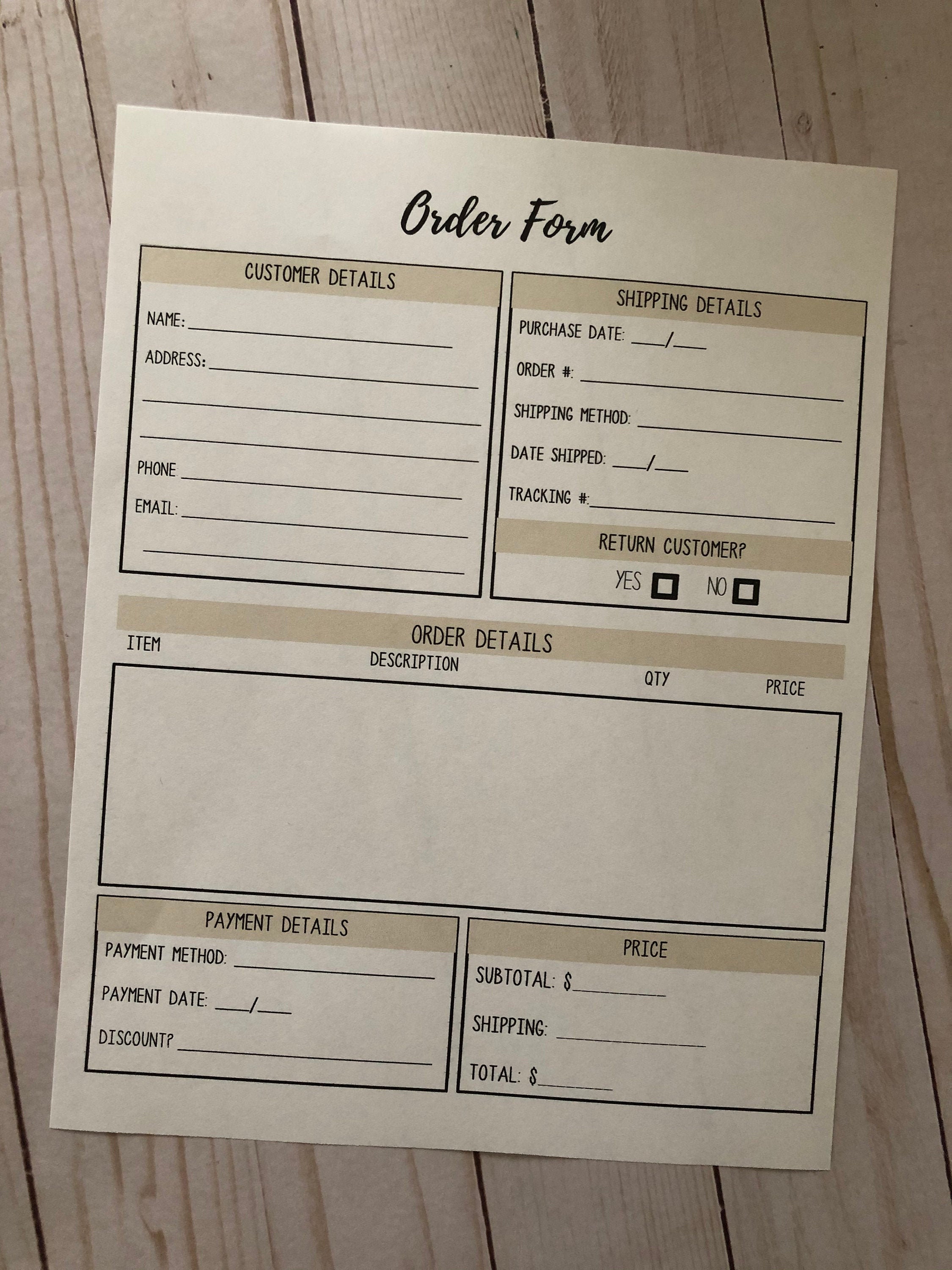 Order Form Printable Order Form Printable Invoice Instant Etsy