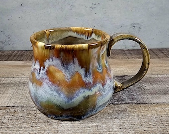 14 oz handmade ceramic coffee mug Orange green and blue glazes Wheel thrown belly mug Ready to ship