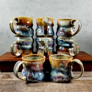 12 oz Drip glaze ceramic coffee mug Orange green and blue glazes Wheel thrown spiral Ready to ship