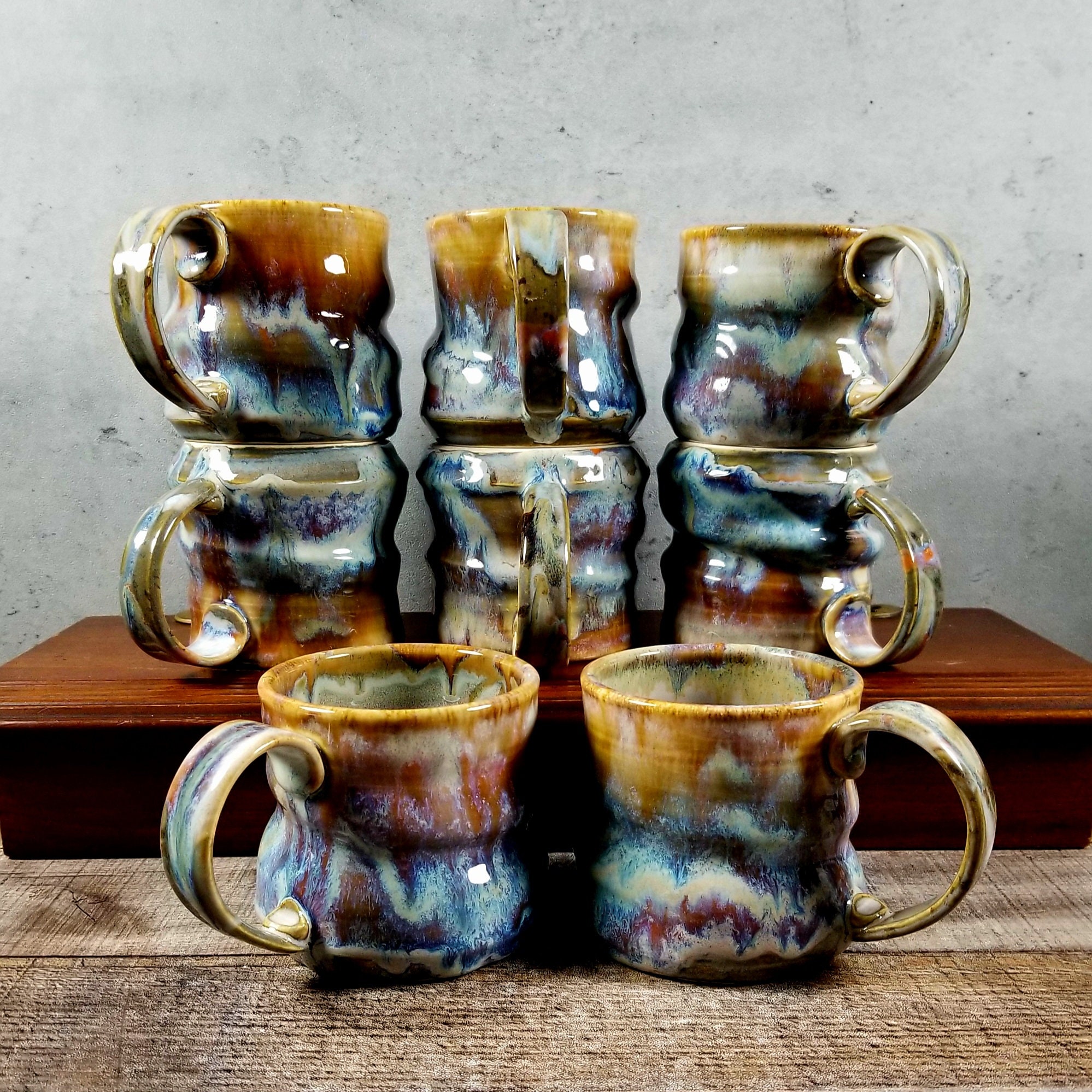 12 oz Drip glaze ceramic coffee mug Orange green and blue glazes Wheel thrown spiral Ready to ship