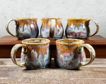 12 oz handmade ceramic coffee mug Orange green and blue glazes Wheel thrown belly mug Ready to ship