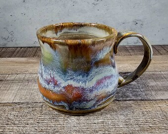 14 oz handmade ceramic coffee mug Orange green and blue glazes Wheel thrown belly mug Ready to ship