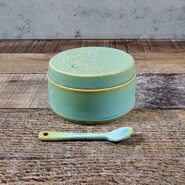Ceramic salt cellar with lid and matching spoon. Wheel thrown. Turquoise glaze. Pepper pot. Kitchen spice container. Handmade covered dish.