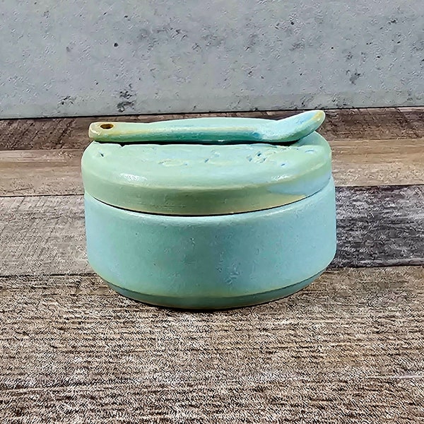 Ceramic salt cellar with lid and matching spoon. Wheel thrown. Turquoise glaze. Pepper pot. Kitchen spice container. Handmade covered dish.