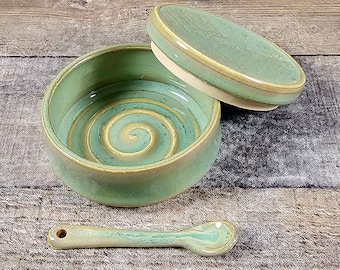 Ceramic salt cellar with lid and matching spoon. Wheel thrown. Green glaze. Pepper pot. Kitchen spice container. Handmade covered dish.