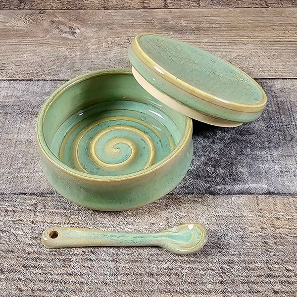 Ceramic salt cellar with lid and matching spoon. Wheel thrown. Green glaze. Pepper pot. Kitchen spice container. Handmade covered dish.