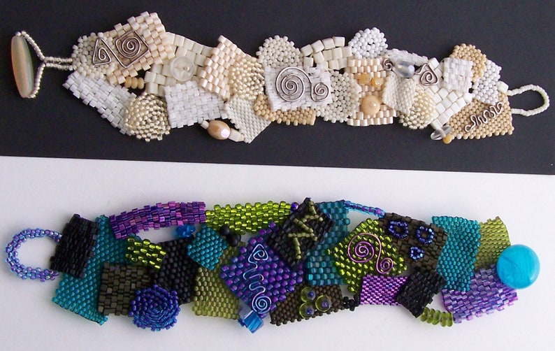 May include: Two beaded bracelets. The top bracelet features a mix of white, cream, and tan beads with silver wire accents. The bottom bracelet showcases a vibrant array of colors, including teal, purple, green, and black beads, with wire accents.