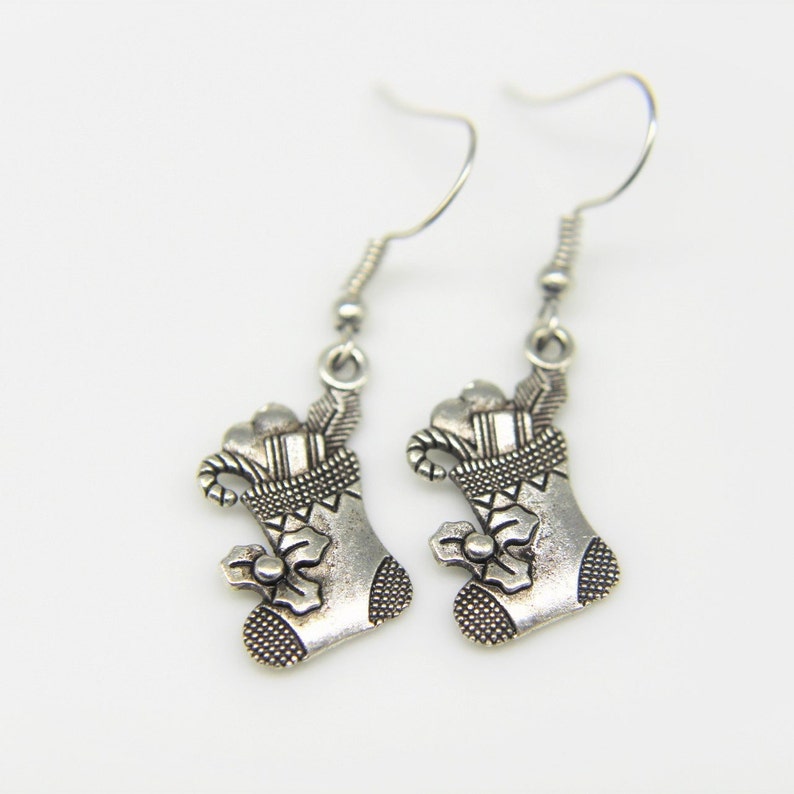 Christmas Socking Filled with Gift Earring Silver Christams Socking Filled with Gift Charm Earring Christmas Sock Gift Personalized Earring