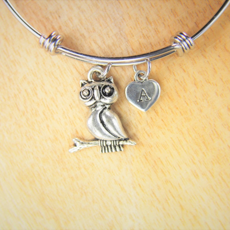 Owl Big Charm Bracelet Owl Big Charm Bangle Owl Charm Owl Big Gift Halloween Gift Animal Charm Personalized Bangle Initial Charm