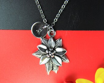 Poinsettia for Christmas Gift Silver Poinsettia Charm Necklace Flower Charm Flower Gift Personalized Necklace Initail Nceklace