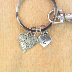 Silver Heart with Flower Charm Keychain Heart with Flower Charm Keyring Heart Gift Valentine&#39;s Gift Personalized Keychain Initial Charm
