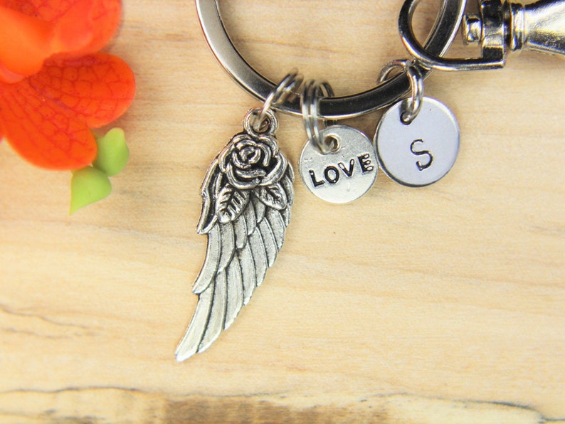 Angel Wing with Flower keychain Angel Wing Gift Valentine's Day Gift Mother's Day Gift Wing Pendant Love Gift Personalized Keychain image 4