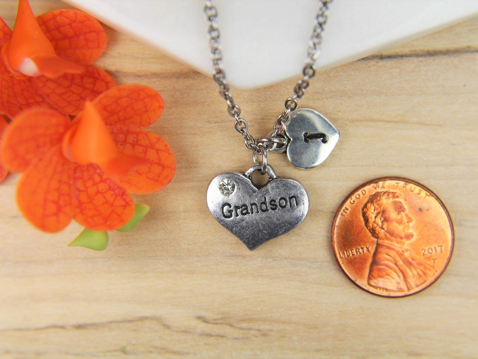 Grandson Necklace Silver Grandson Charm Necklace Grandson Etsy