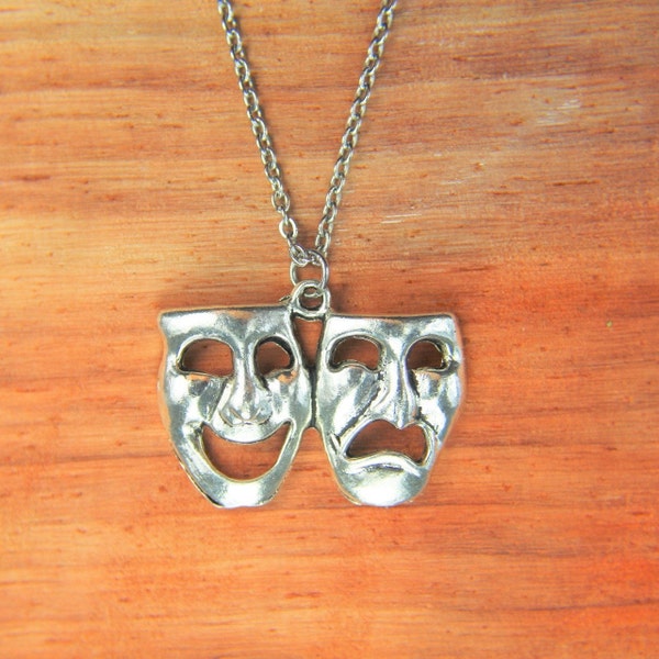Silver Comedy Tragedy Mask Necklace  Big Theatre Mask Charm Necklace Drama Mask Charm Mask Gift  Christmas Gift Personalized Necklace