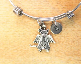 Cat Angel Charm Bracelet Silver Angel Charm Bangle  Love Gift Valentine's Gift Birthday Gift  Personalized Bangle Initial Bracelet