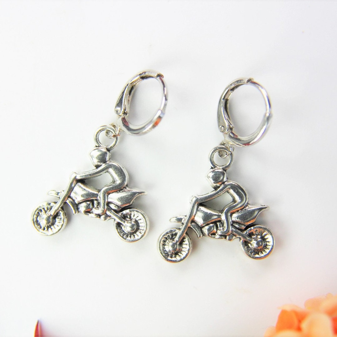 Dirt Bike Earrings Silver Motocross Rider Charm Earrings Motorcycle