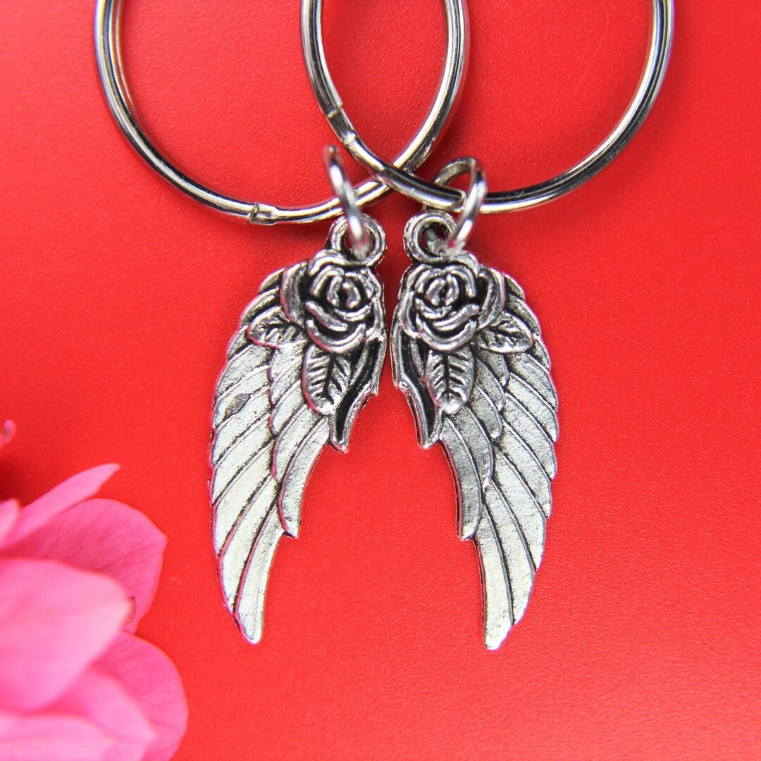 Set of 2 Silver Angel Wing Charm Keychain Angel Wing With Flower ...