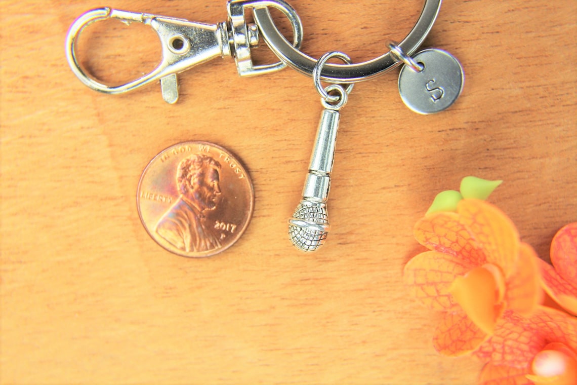 Microphone Keychain Silver Microphone Charm Keychain Music Etsy