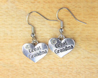 Sliver Great Grandma Earrings Family Charm Heart with Great Grandma Earrings Great Grandma Gift Great Grandma Charm  Personalized Gift