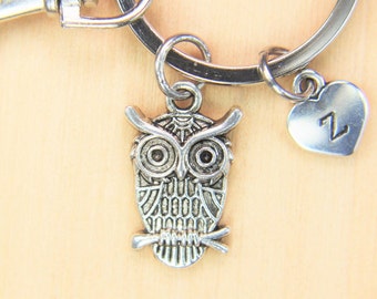 Owl Keychain Silver Owl Charm Keychain Owl Jewelry Owl Gifts  Wild Animal Charm Halloween Gift Personalized Keychain Initial Charms