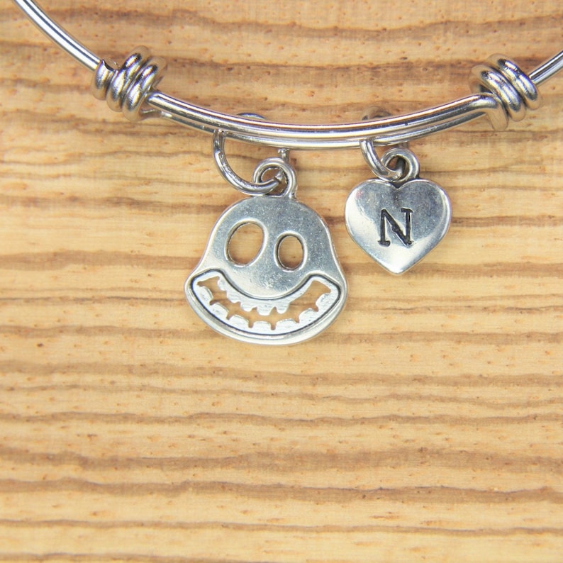 Ghost Bangle Silver Ghost Charm Bangle Halloween Jewelry Christmas Gift Ghost Pendant Personalized Initial Bangle