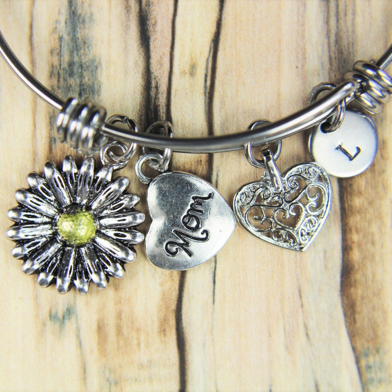 Best Mother's Day Gift Daisy Bracelet Silver Daisy Charm Bangle Mom ...