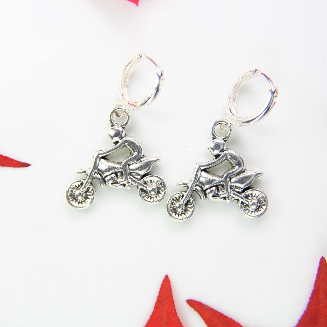 Dirt Bike Earrings Silver Motocross Rider Charm Earrings Motorcycle