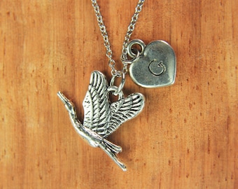 Silver Crane Charm Necklace Bird Charm  Animal  Gift  Bird  Jewelry  Animal Charm  Brid Pendant Personalized Necklace  Initial Necklace