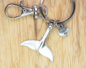 Mermaid Keychain Silver Mermaid Tail Charm Keychain Whale Tail Charms Personalized Keychain Initial Charm Initial Keychain
