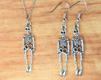 Skeleton Necklace & Skeleton Earrings Set  Skeleton Jewelry Halloween Charm Christmas Gift  Happy Holiday Gift Personalized Necklace