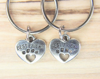Set of 2 Silver Message Best Friend Charm Keychain Heart Keychain Dog Gift Coworker Gift Pet Gift Birthday Gift Personalized  Initial Charm