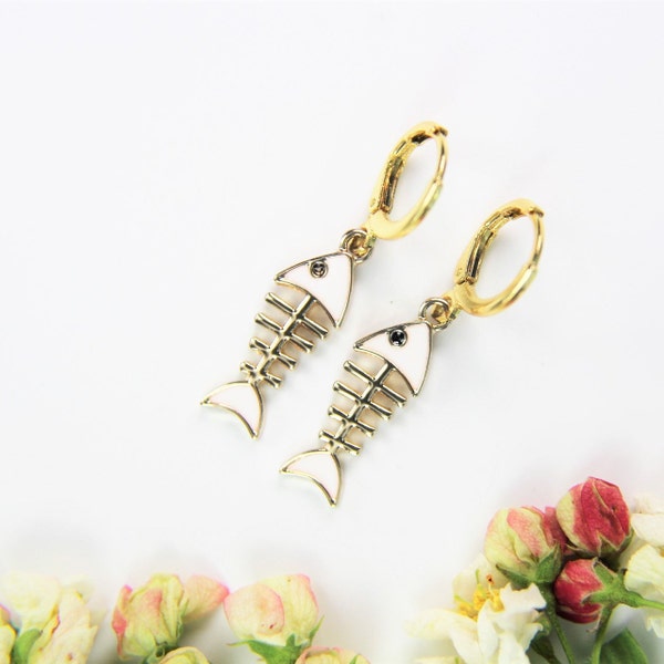 Fishbone Charm Earrings Gold Plated Fishbone Charm White Fish Bone Earrings Mother's Day Gift Christian Gift Grandma Gift Personalized Gift