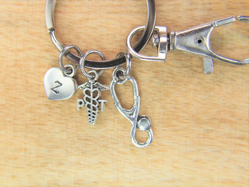 Physical Therapist Caduceus Keychain Doctor Nurse Gift PT Charm Medical Student Gift Stethoscope Gift Personalized Initial Keychain