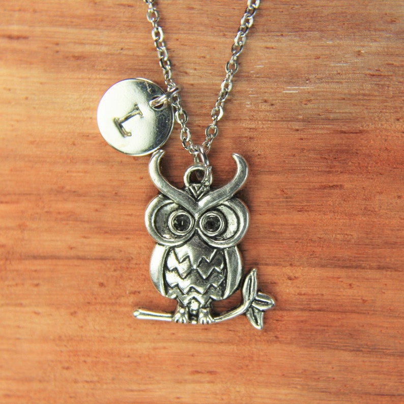 Owl Necklace Silver Owl Charm Necklace Halloween Gift Owl Gift Birthday Gift Animal Gift Personalized Gift Initial Necklace
