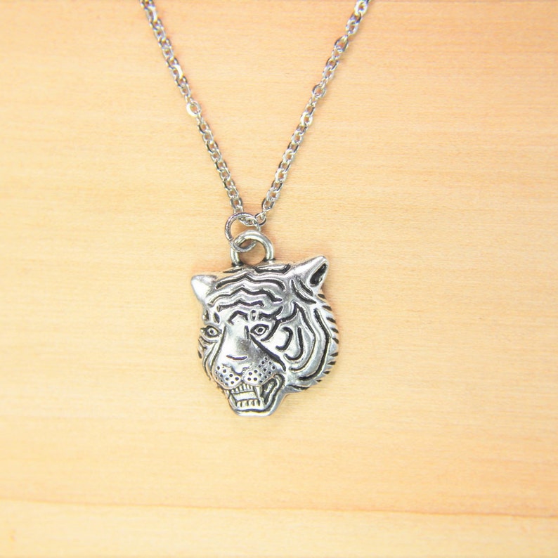Tiger Head Necklace Silver Tiger Head Charm Necklace Tiger Etsy