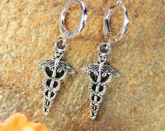 Silver Caduceus Charm Earrings Nursing Gift Medical Student Earrings Caduceus Pendant Medical Doctor Charm Personalized Gift Christmas Gift