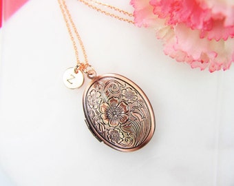 Flower Locket Necklace, Red Copper Photo Frame Charm, Personalized Gift