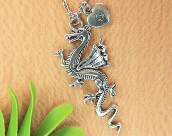 Dragon Necklace Silver Dragon Charm Necklace Animal Gift Dragonfly Charm Dragonfly Jewelry Personalized Necklace  Initial Necklace