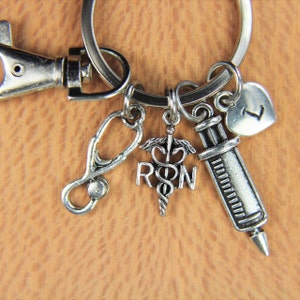 Doctor Gift Nurse Gift Medical Student Nursing Jewelry RN Charm Silver RN Charm Stethoscope Keychain Doctor Jewelry Personalized Gift