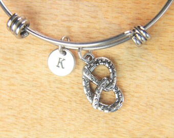 Pretzel Bracelet Silver Pretzel Charm Bangle Bakery Charm Food Charm Fast Food Gift Christmas Gift Birthday Gift Personalized Initial Charm