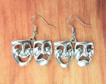 Big Comedy Mask Charm Silver Comedy Charm  Earrings Comedy Earrings Comedy Pendant Theatre Mask Gift Birthday Gift Personalized Earrings