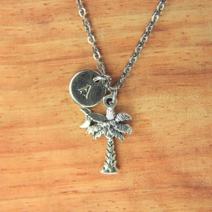 Silver Palm Tree  Charm Necklace Palmetto Palm Tree with  Crescent   Moon Coconut Tree Charm Personalized Necklace Initial Necklace