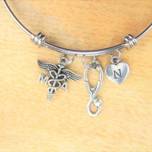 Silver MA Charm Bangle Medical Assistant Bracelet Medical Charm Stethoscope Charm Medical Student Gift Personalized Gift Christmas Gift