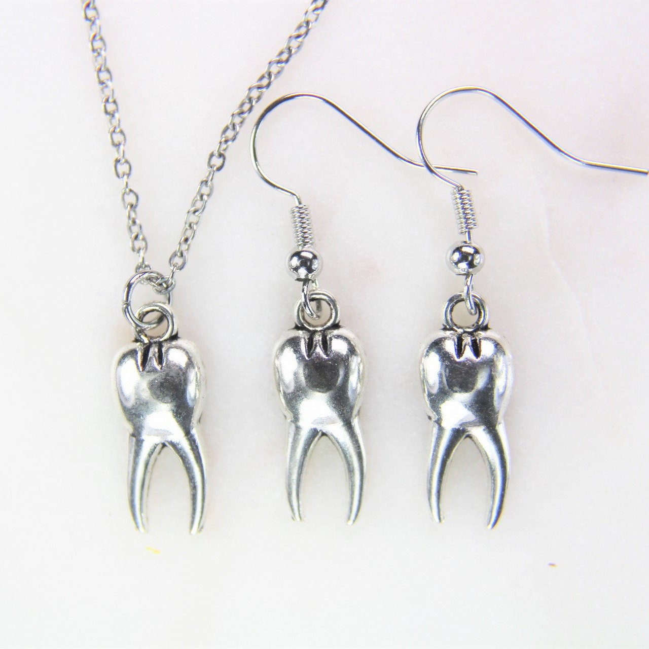 Tooth Earrings And Necklace Set - 3D White Resin Dental Jewelry For Dentists & Dental Assistants