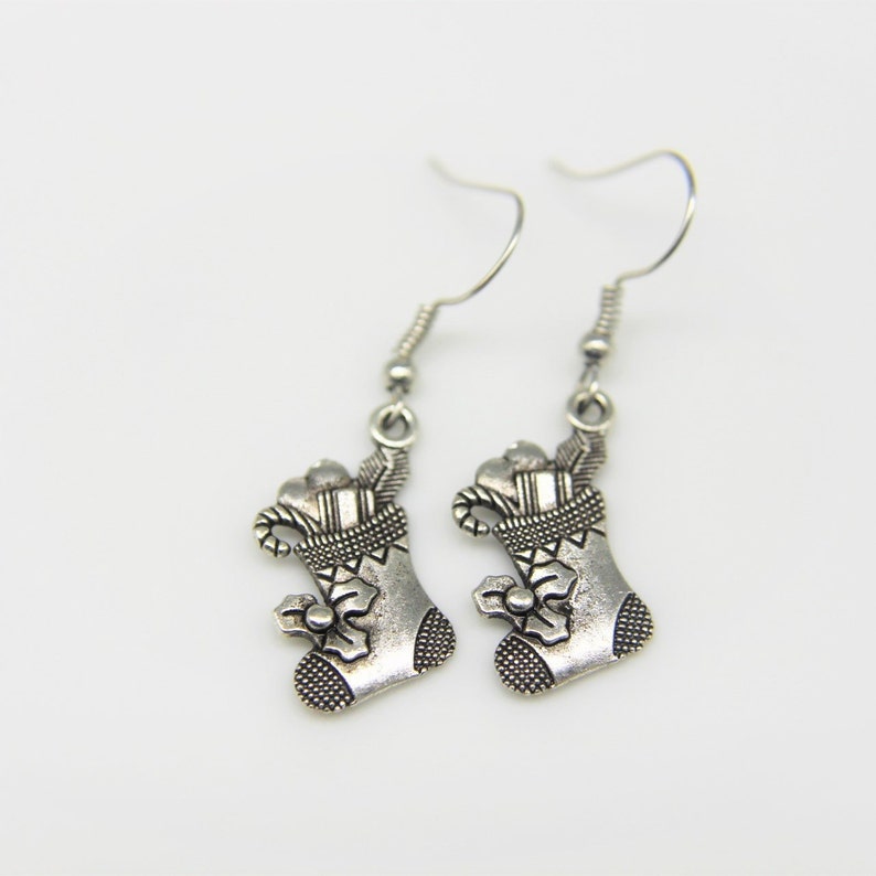 Christmas Socking Filled with Gift Earring Silver Christams Socking Filled with Gift Charm Earring Christmas Sock Gift Personalized Earring