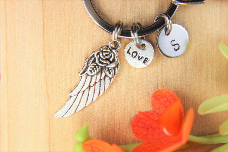 Angel Wing with Flower keychain Angel Wing Gift Valentine's Day Gift Mother's Day Gift Wing Pendant Love Gift Personalized Keychain image 3
