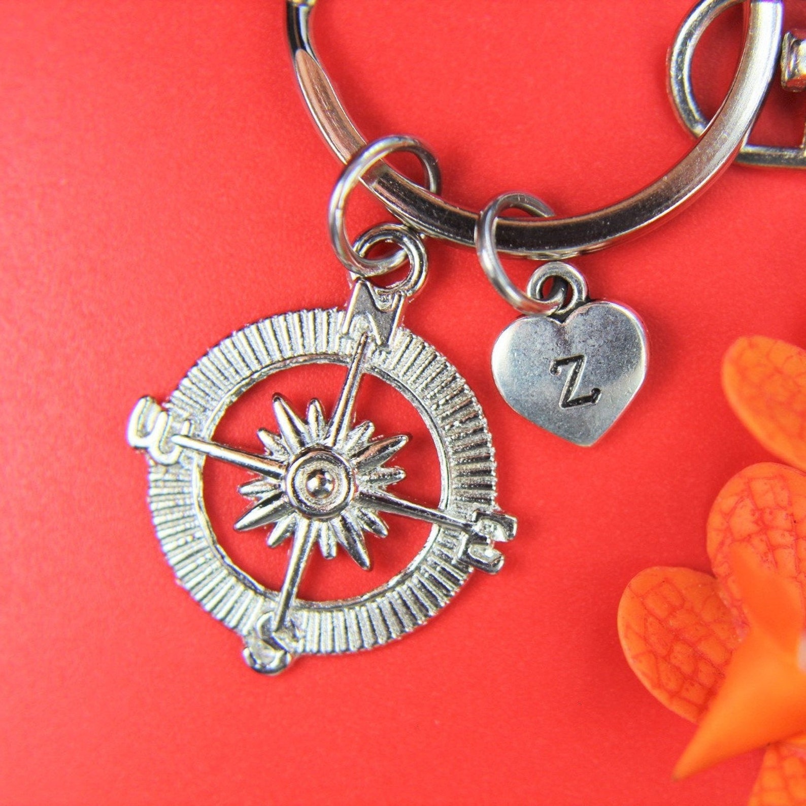 Silver Compass Charm Keychain Compass Keychain Traveler Key Etsy
